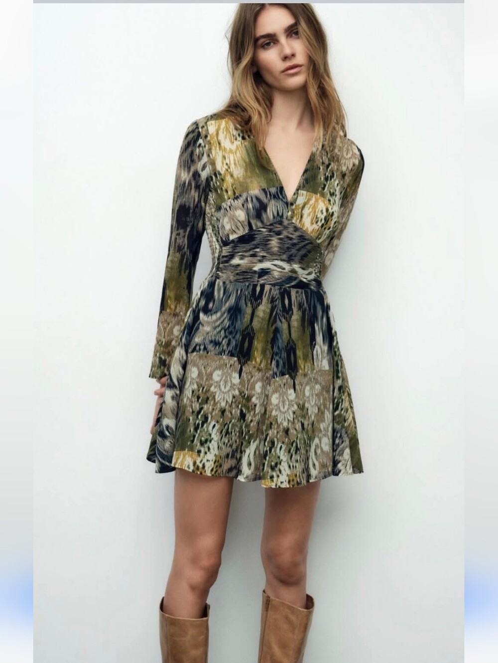 ZARA Olive Green Printed V-Neck Long Sleeve Dress